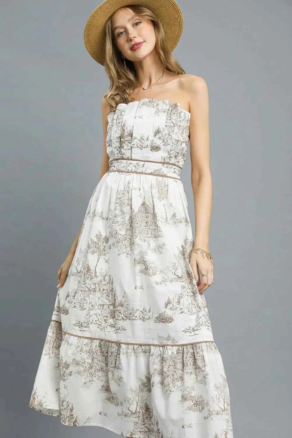 Umgee Printed Tiered Tube Midi Dress Camel 42c09227-154d-40fd-b170-c82a4868646f-Max-Origin