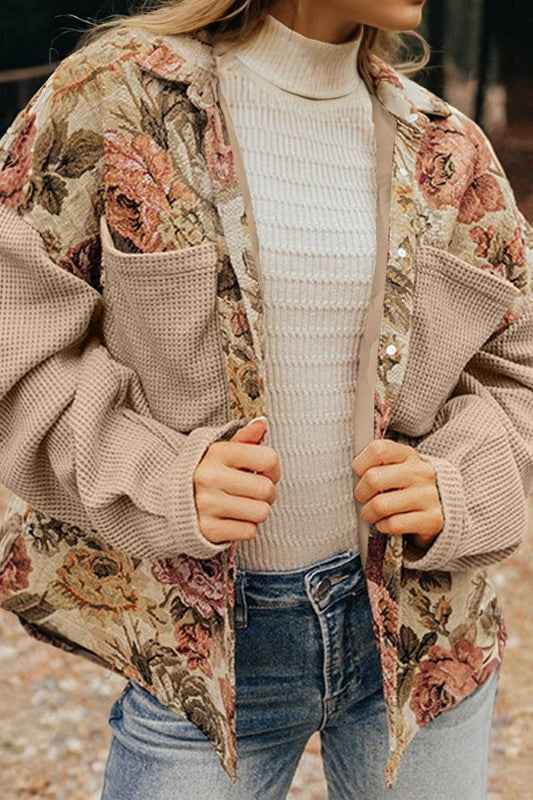 Floral Waffle Knit Patchwork Chest Pocket Buttoned Khaki 42db7773-51ff-4865-b134-0900202e6d03