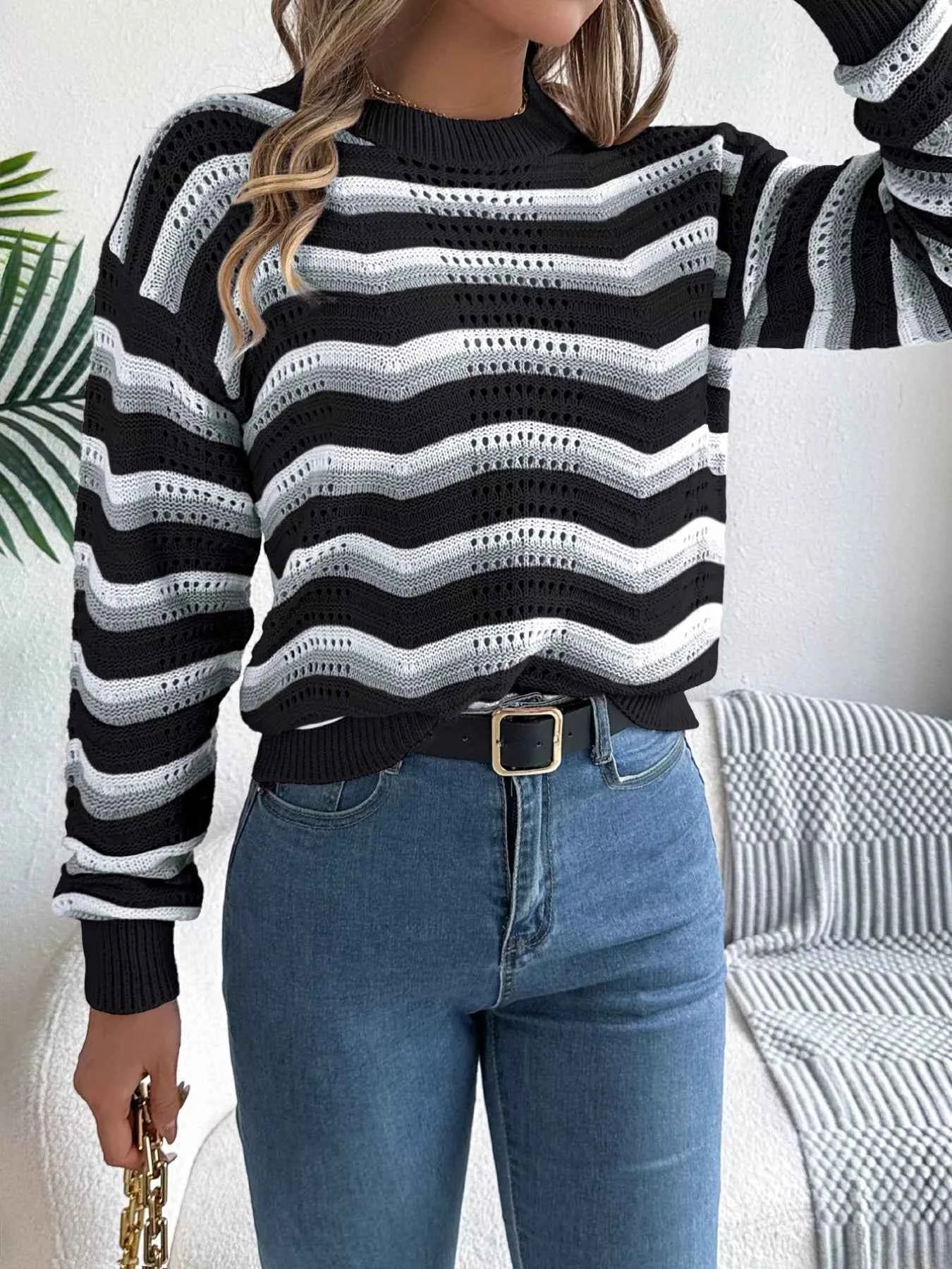 Striped Round Neck Long Sleeve Sweater 42f4a96bff6f4bdfb0294cbc8b0130c5-Max-Origin