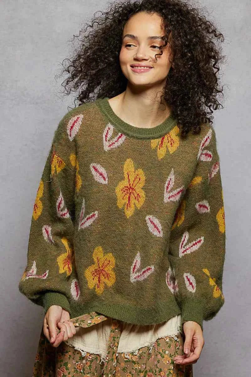 POL Floral Pattern Round Neck Balloon Sleeve Sweater