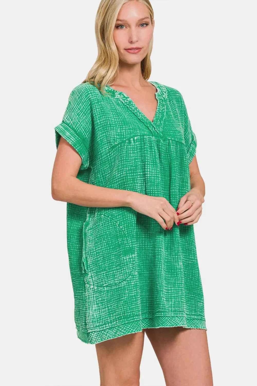 Zenana Washed Notched Short Sleeve Mini Dress KGREEN 43978775-f10b-4fff-b19e-3e56c26037da-Max