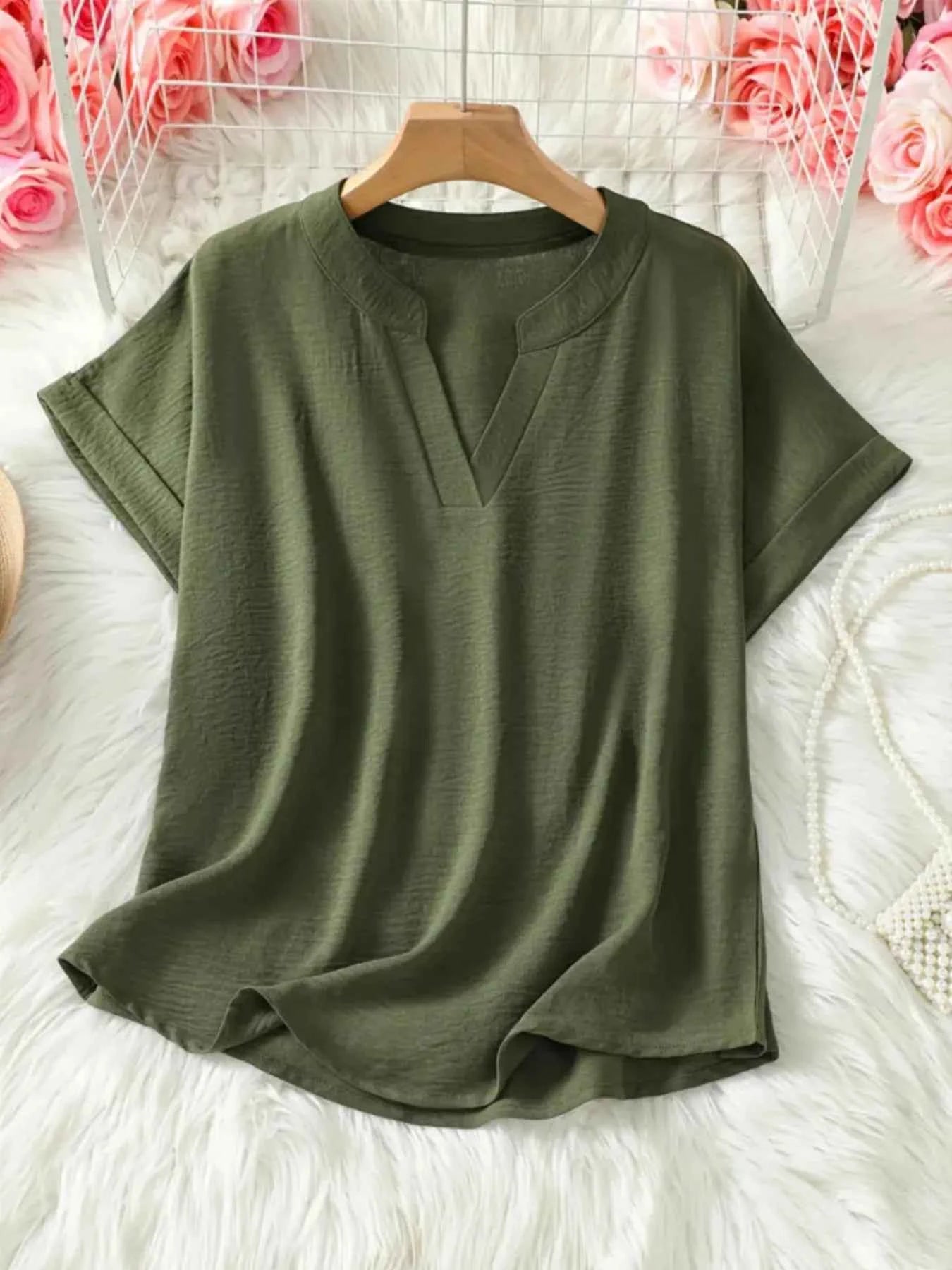 Casual Notched Short Sleeve Blouse 43e78bedf5644ac98928f79374f16ff8-Max-Origin