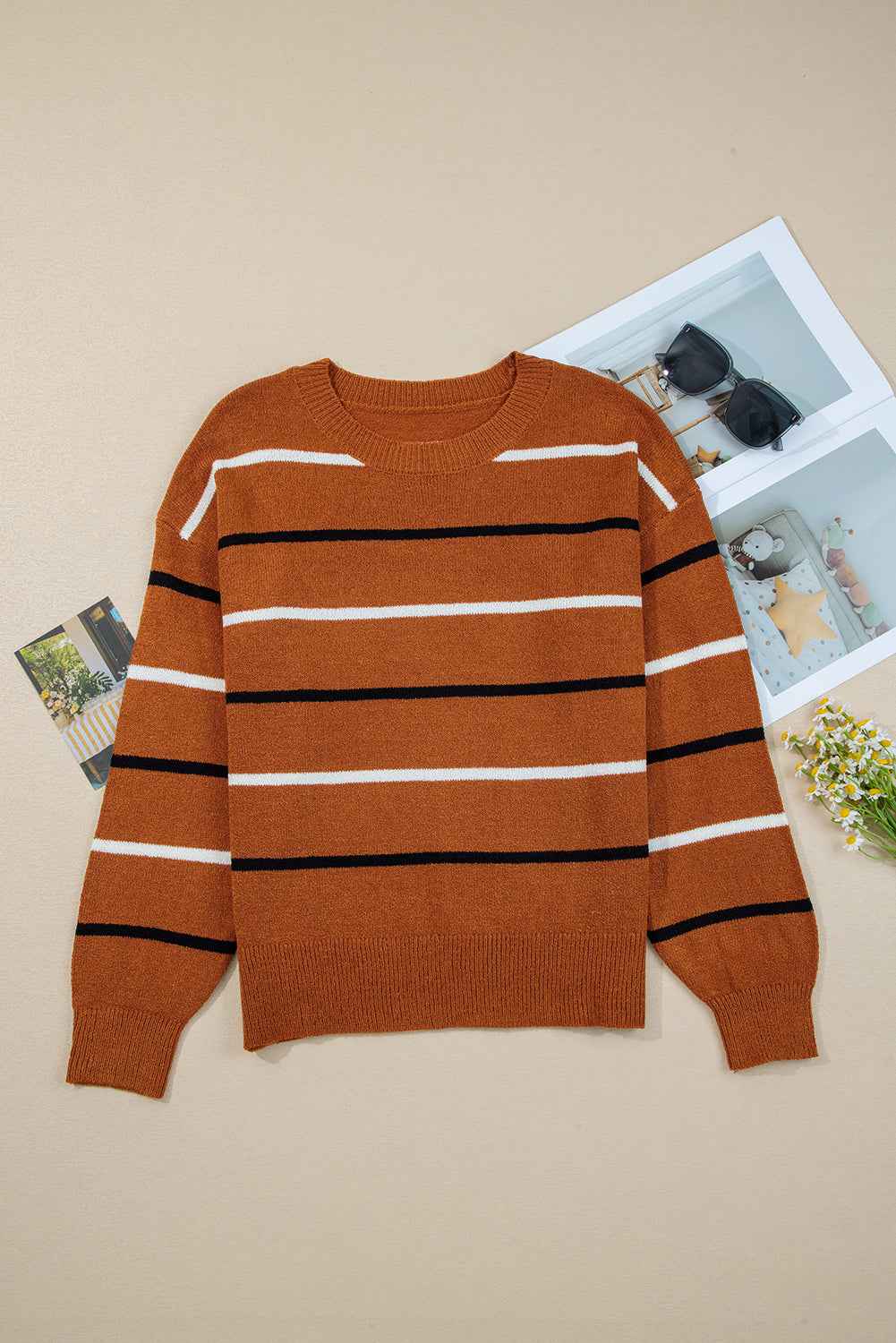 Multicolour Striped Ribbed Edge Drop Shoulder Sweater 442c8e670083b8af