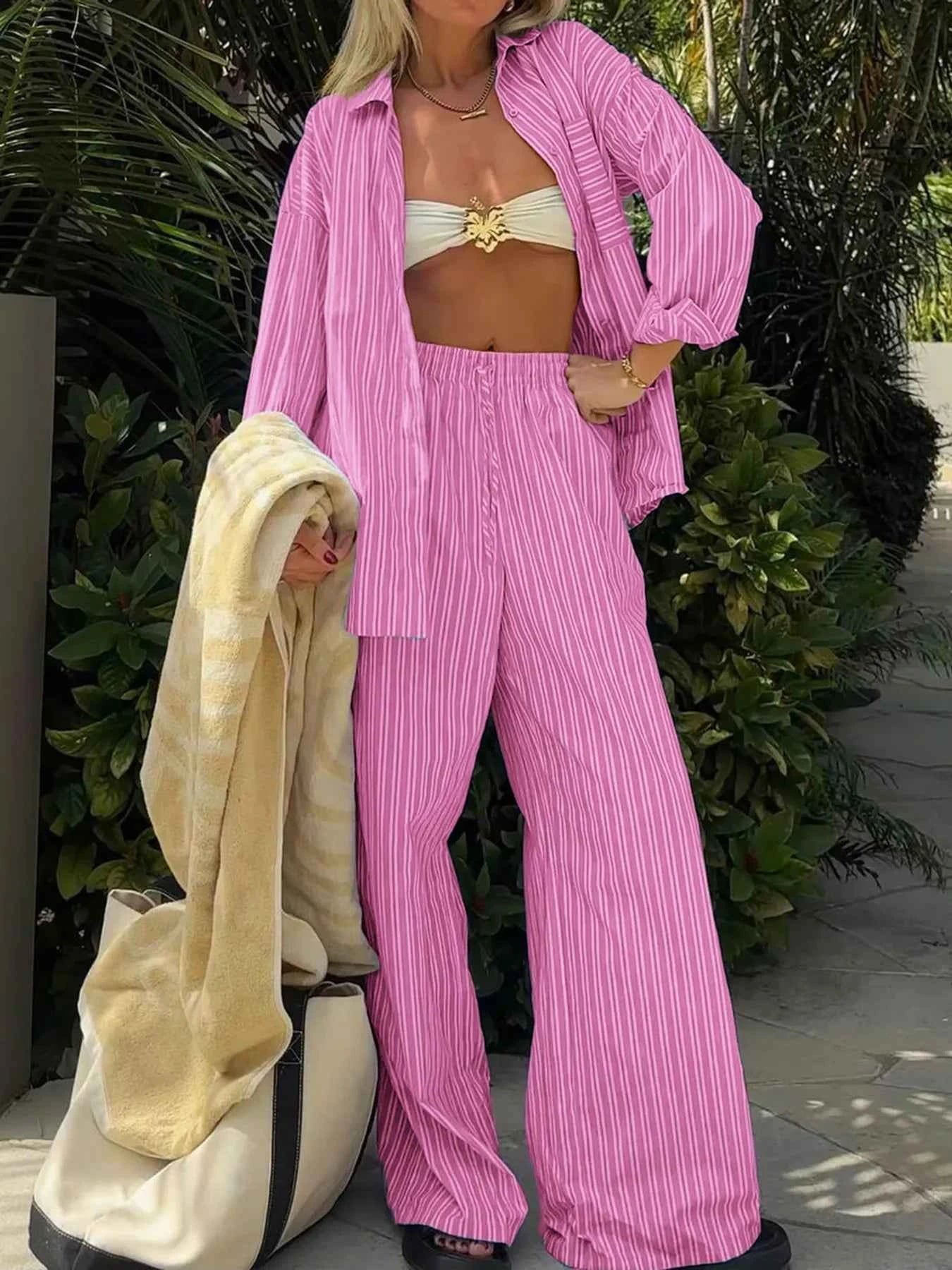 Striped Button Up Shirt and Pants Set Pink 442dc4d10b5e4060a0c2320f49d89f02-Max-Origin