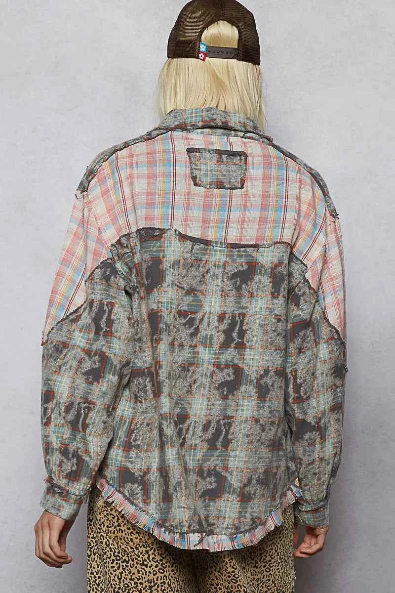 POL Plaid Patchwork Long Sleeve Shirt with Raw Edge Detail 445346d4-5054-4414-b872-aa3928c6ba2d-Max-Origin