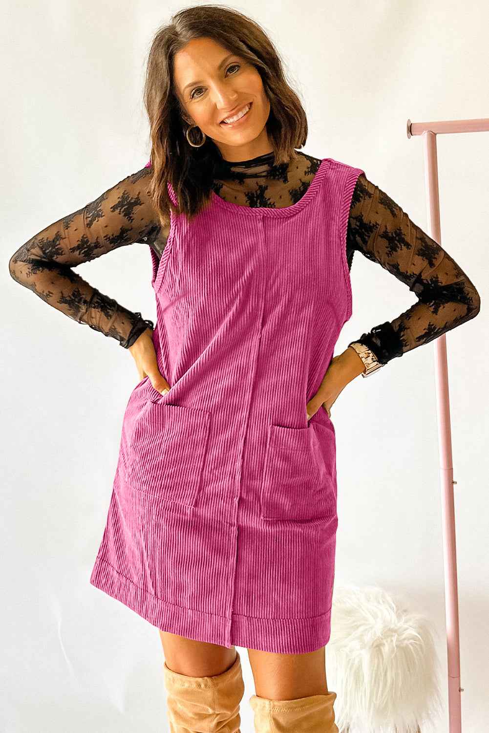 Rose Red Corduroy Exposed Seam Sleeveless Mini Dress 44898f2ad977c007