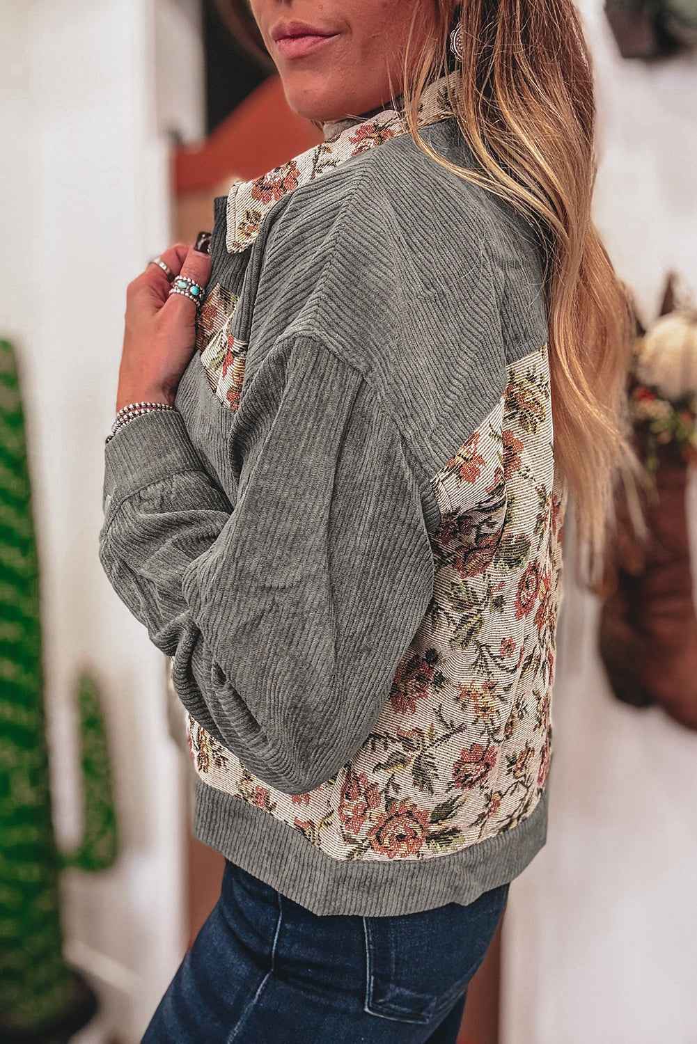 Medium Grey Ribbed Retro Floral Patchwork Jacket 44952172645d8a3e