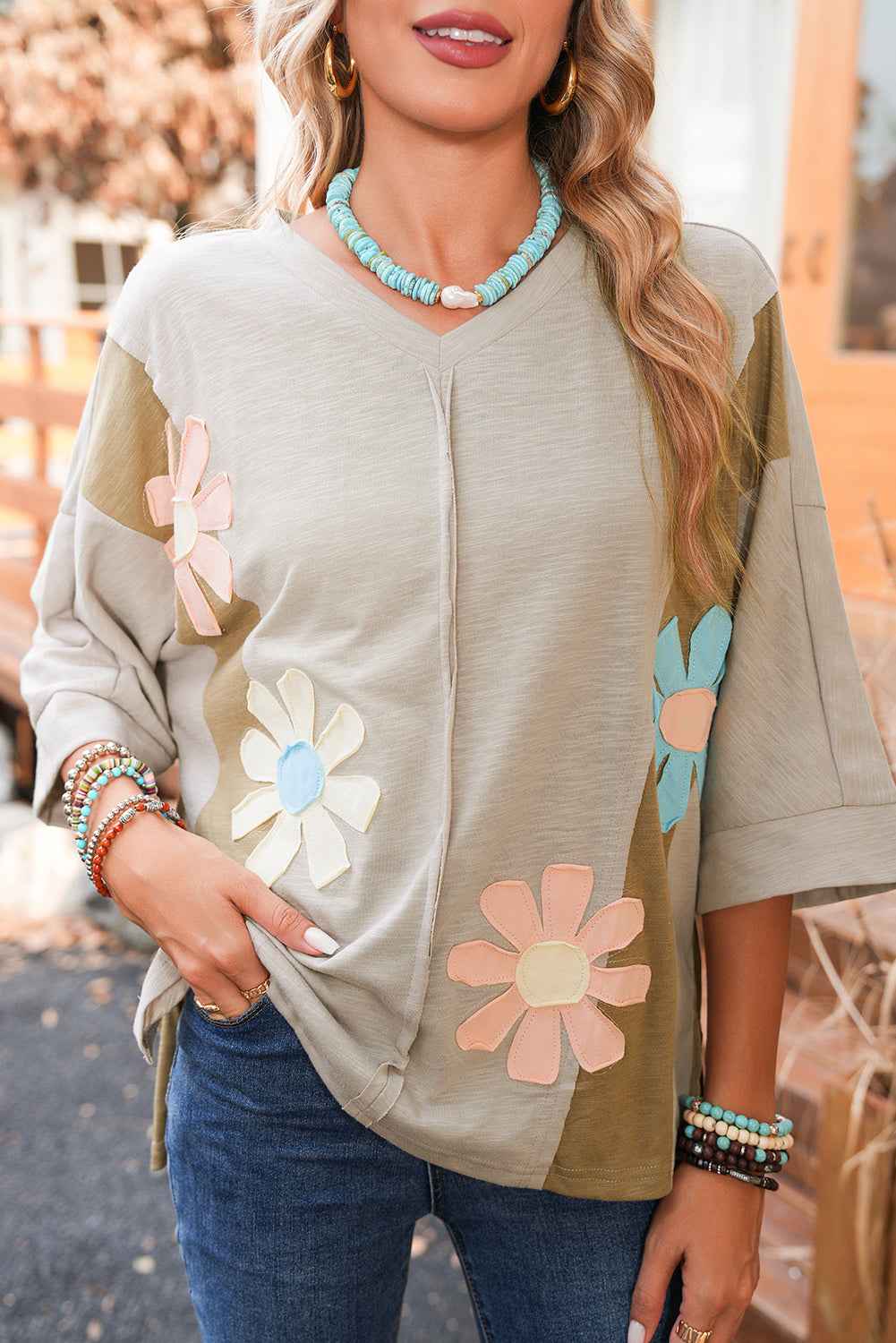 Light Blue Flower Patched Exposed Seam 3/4 Sleeve top 44d143cc15afc726