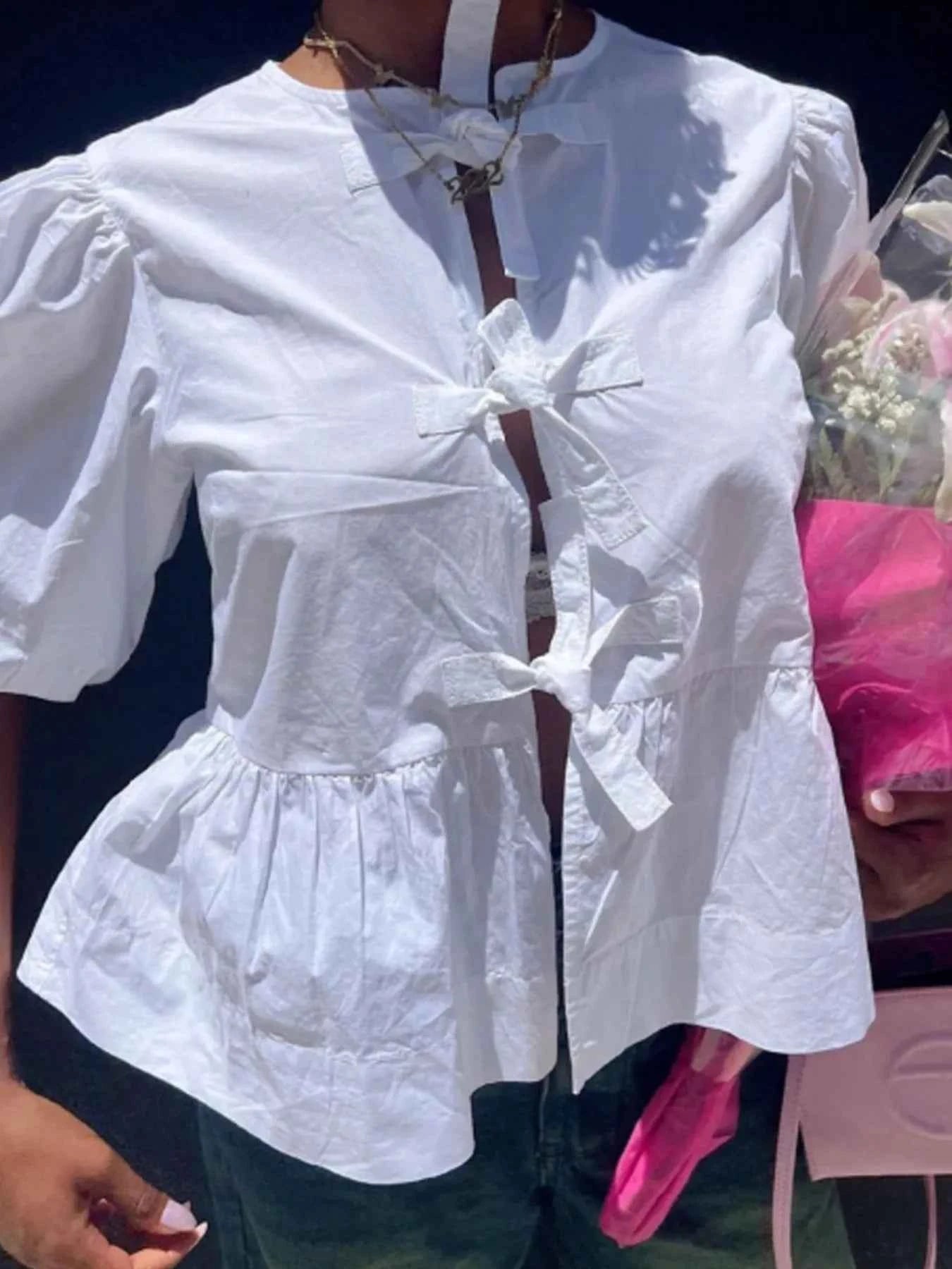 Puff Sleeve Bow Tie Blouse 44f8ed4fff0b45908cd4efd681f17586-Max-Origin