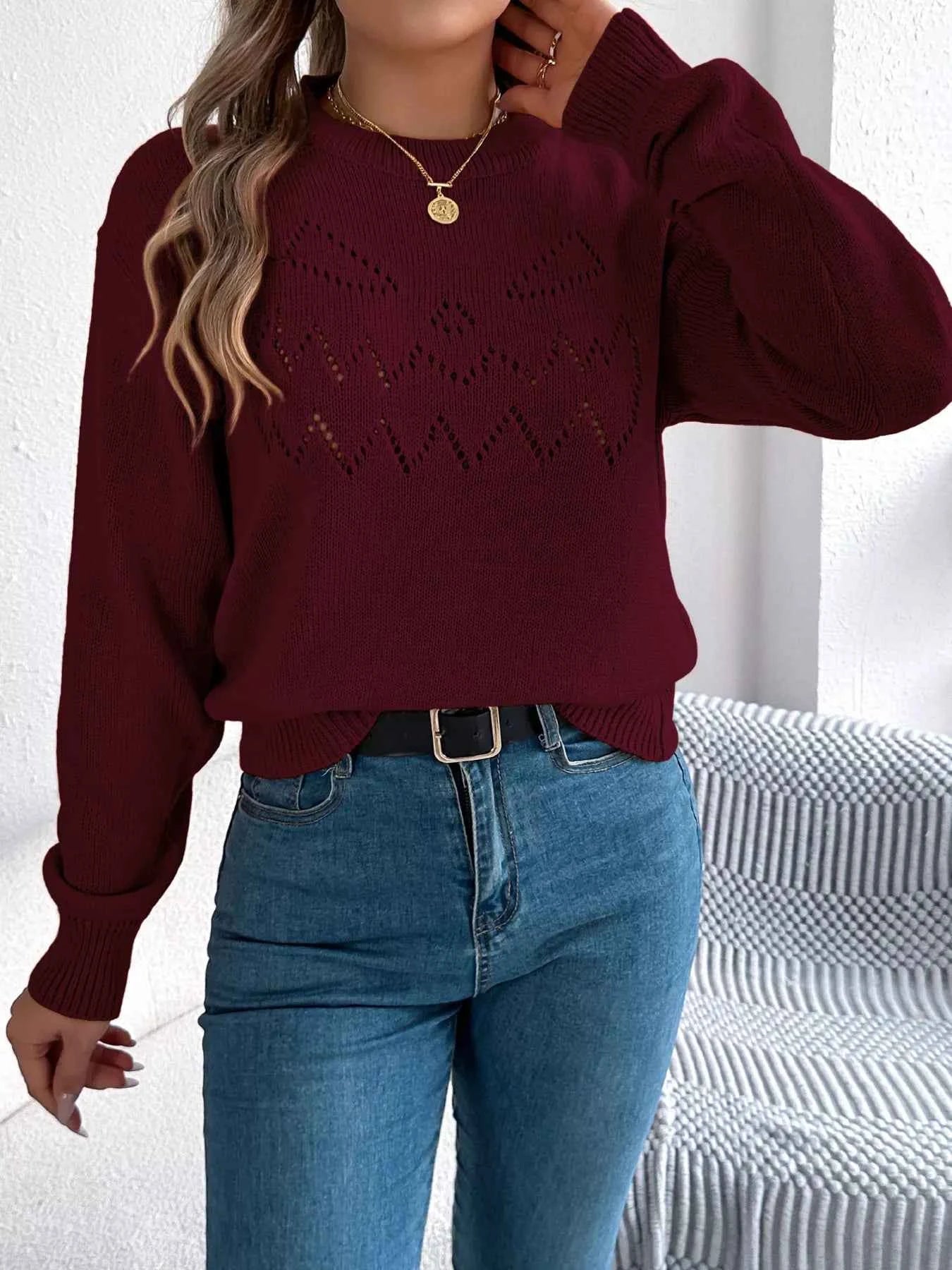 Openwork Round Neck Long Sleeve Sweater Burgundy 45070567eb98475892b64e83d20380b8-Max-Origin