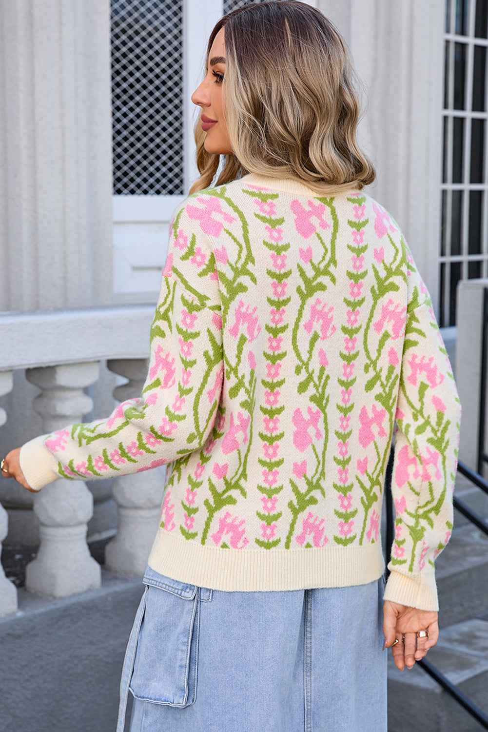 Beige Boho Floral Print Round Neck Sweater 455e74c1cfc13779