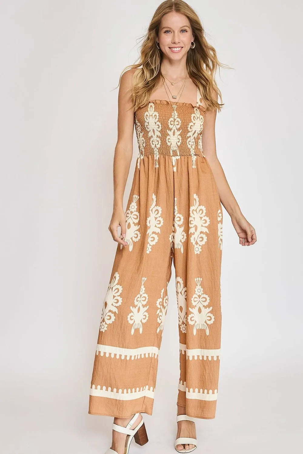 Umgee Full Size Smocked Printed Wide Leg Jumpsuit Plus Size MOCHA 4577094a-acab-4545-bd7d-a1d7325cc05e-Max