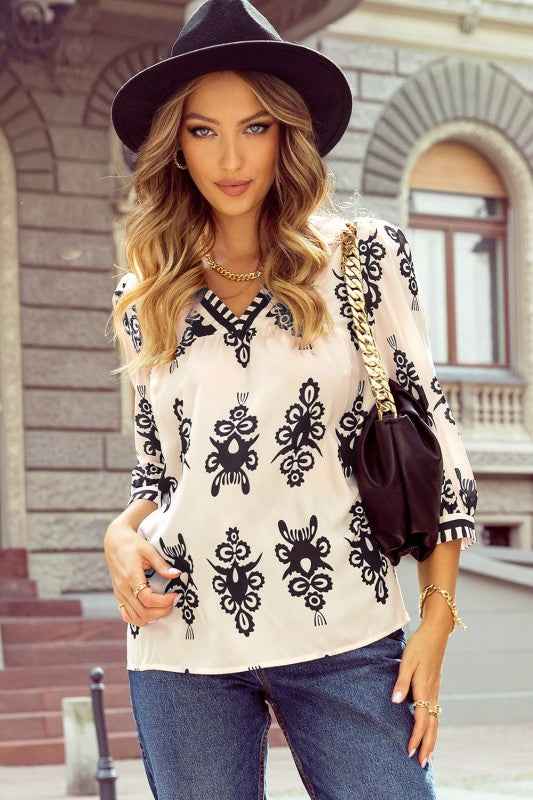 Vintage Geometric Printed V Neck Blouse 45d11dd0-d6de-48d4-a9f6-d8bc4cdb6232