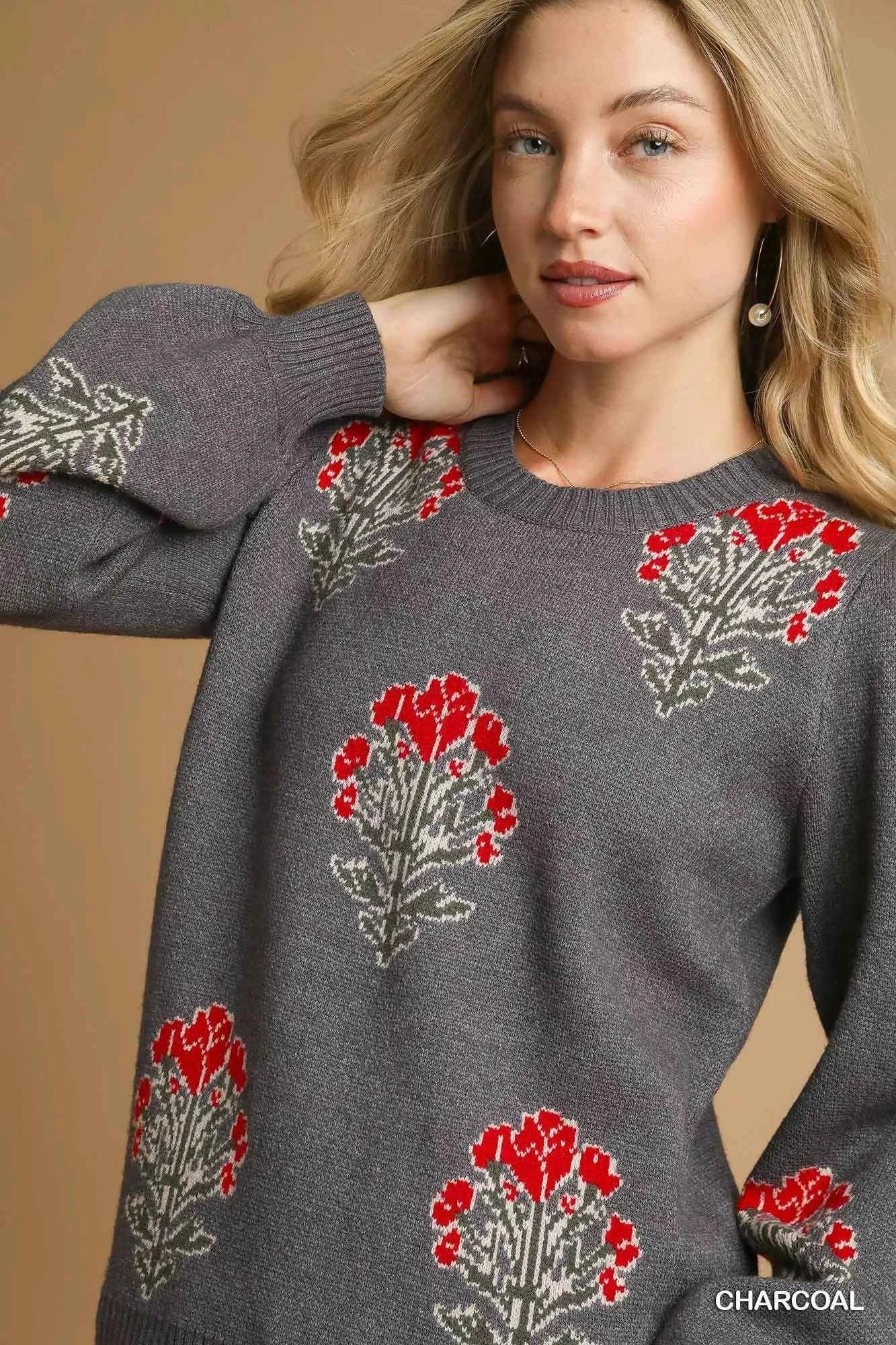 Umgee Single Flower Stem Jacquard Sweater 45d861a1-a66e-4231-b76a-7d6711e90c68-Max-Origin