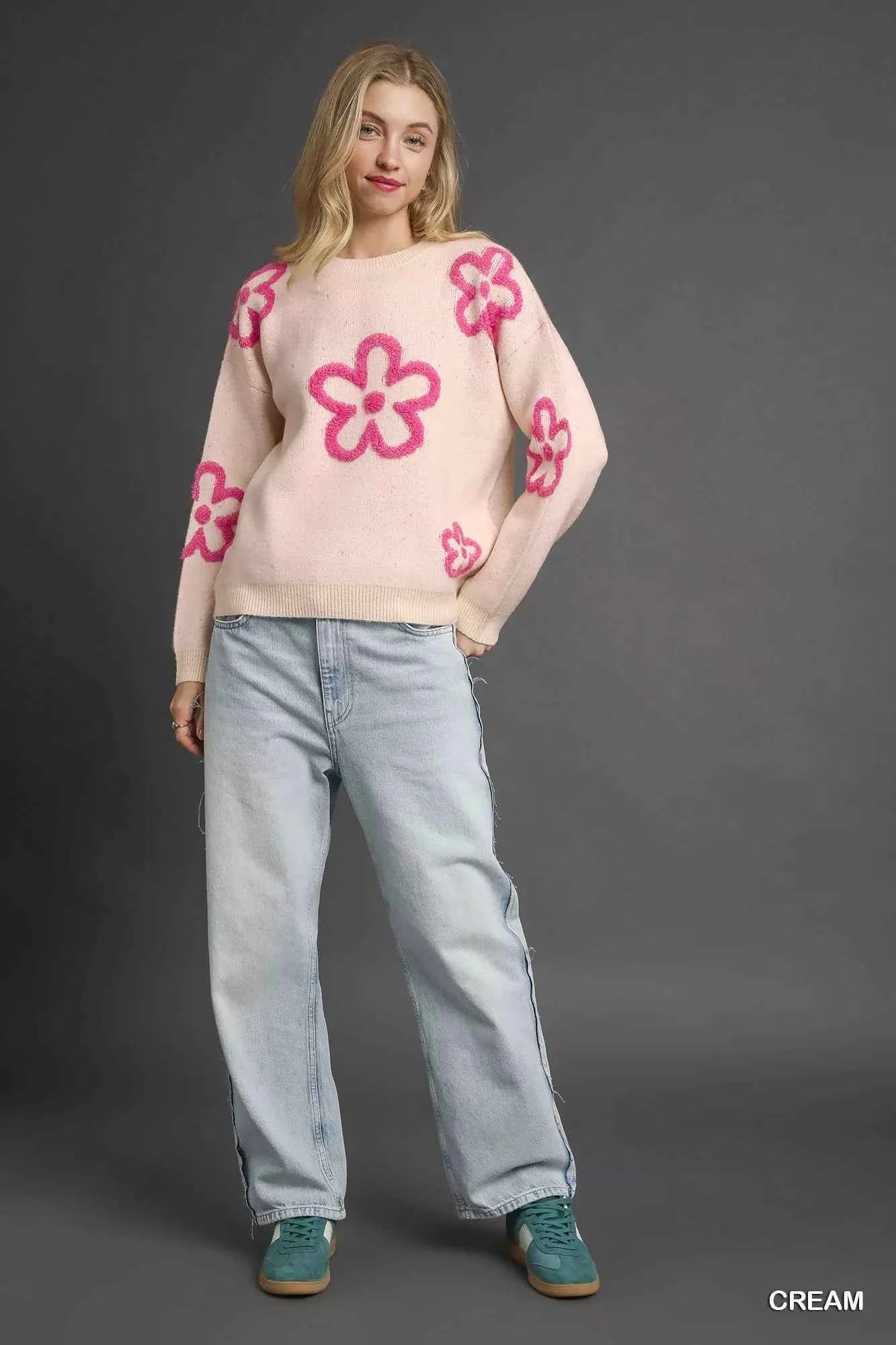 Umgee Round Neck Sweater with Pink Floral Accents 45d86311-b033-499f-b141-50d1a018ef43-Max-Origin
