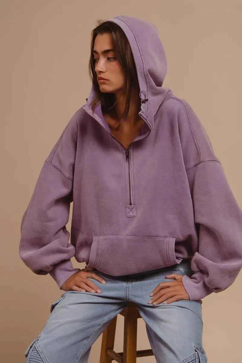 BiBi Stitch Detailed Elastic Hem Half Zip Fleece Hoodie 4612d7f6-f9a4-4177-81ac-66ad7e0dd1fe-Max-Origin