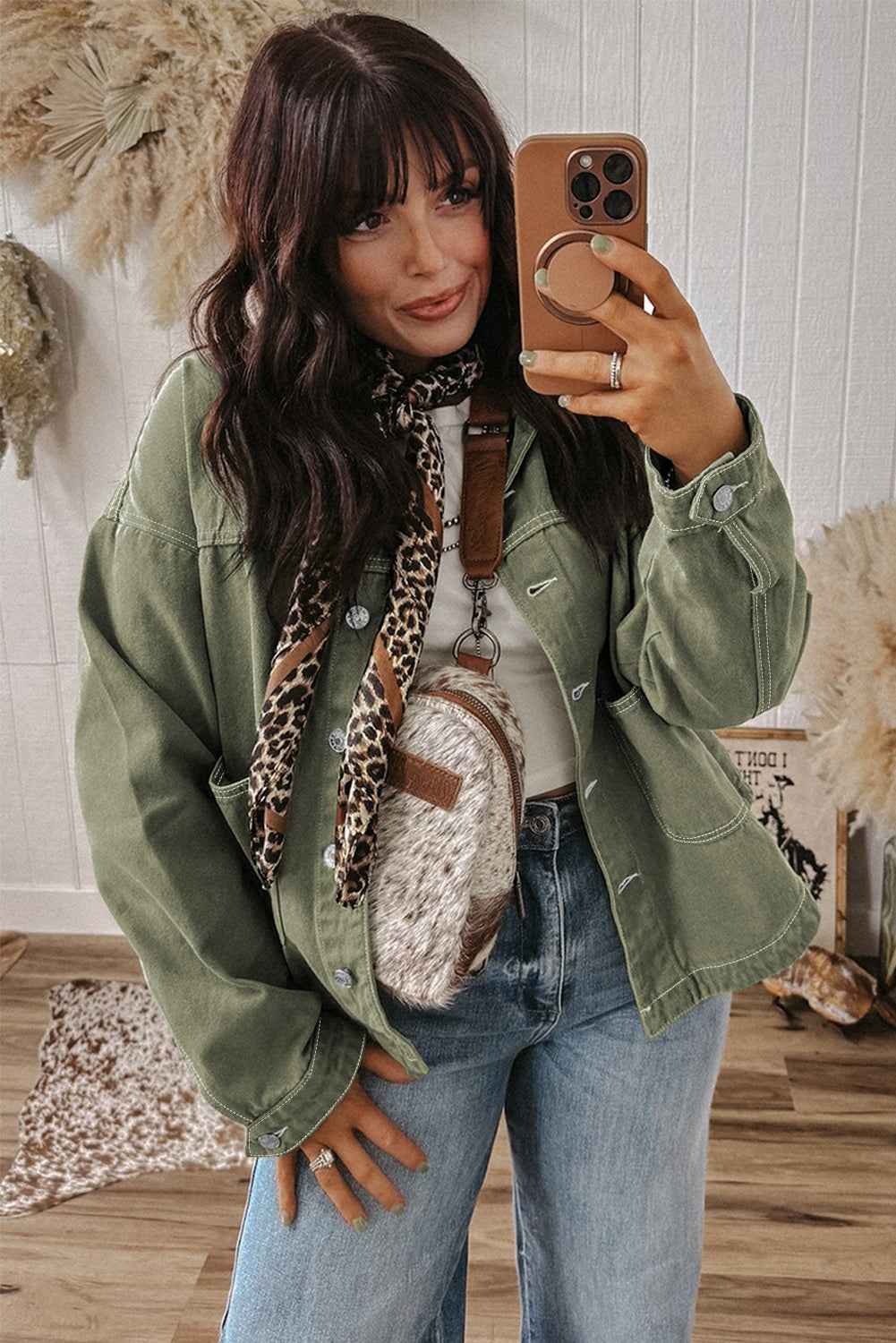 Smoke Green Pocket Collared Button Front Denim Jacket 461860a8e3513756