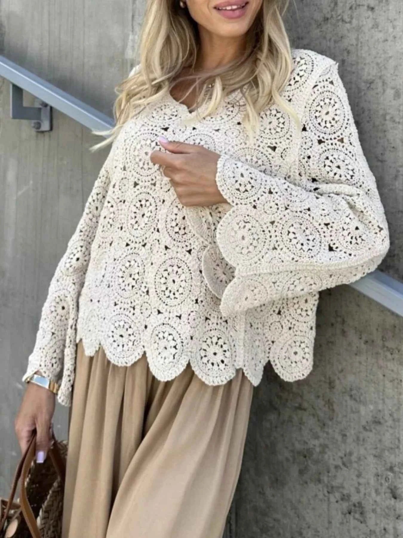 Crochet Lace V-Neck Bell Sleeve Knit Top 467ea588-82c8-4ef7-9417-f3aee61fe95f-Max-Origin