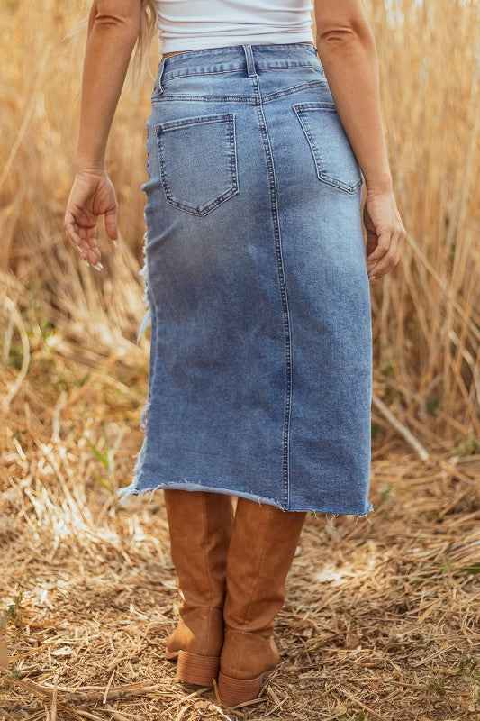 Denim Distressed Midi Skirt 46a9a47e-8826-4ad8-9a07-95c4d4a0a691
