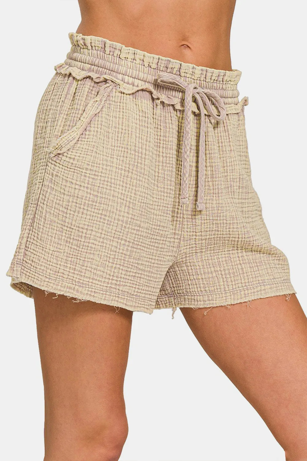 Zenana Washed Frayed Hem Drawstring Shorts 46c36b15-15aa-4425-a49d-8df819b508e9-Max