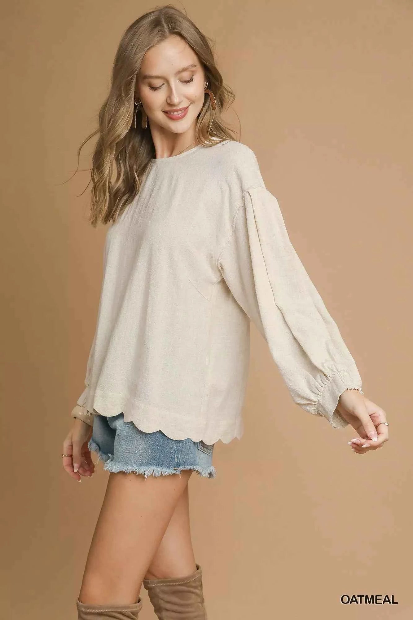 Umgee Linen Scallop Hem Long Sleeve Blouse 4732b29f-6b3b-4ea6-8f50-289ab7b10db2-Max-Origin