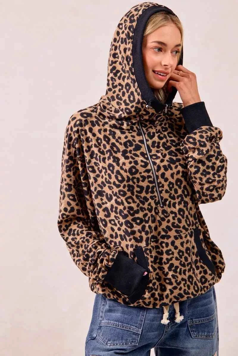 BiBi Leopard Print Waffle Half Zip Up Hoodie W Pocket 4733d9ca9bde4fc98a95b47592e6baea-Max-Origin
