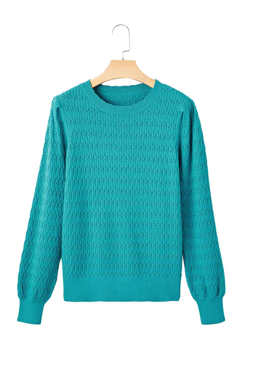 Sea Green Trendy Pattern Knit Ribbed Cuffs Crew Neck Sweater 474457317dfb6de3