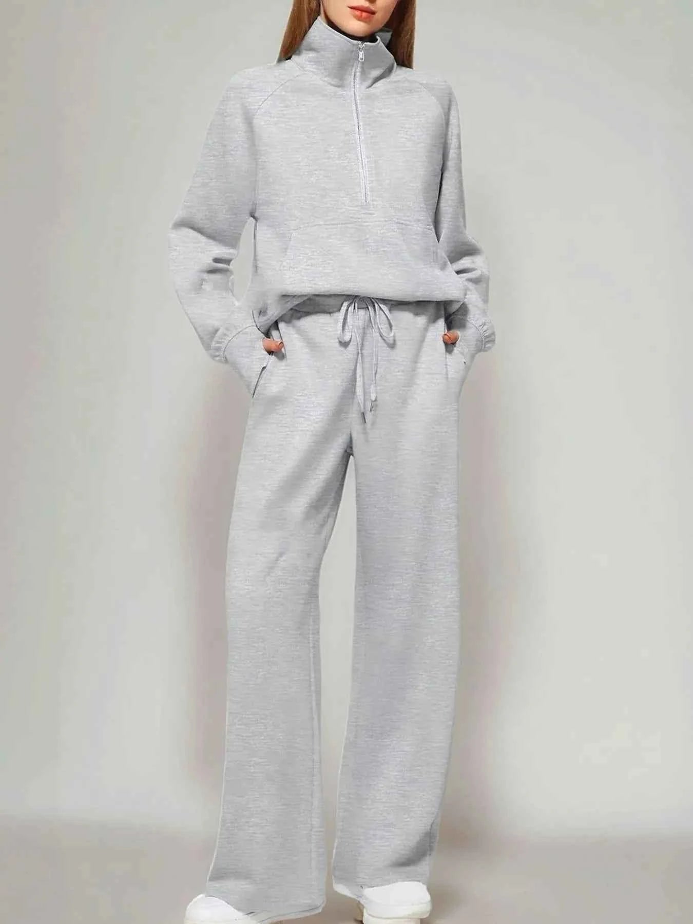 Half Zip Long Sleeve Top and Pants Set Light Gray 4752c858-7a41-4581-9279-b0a301c78c7a-Max-Origin