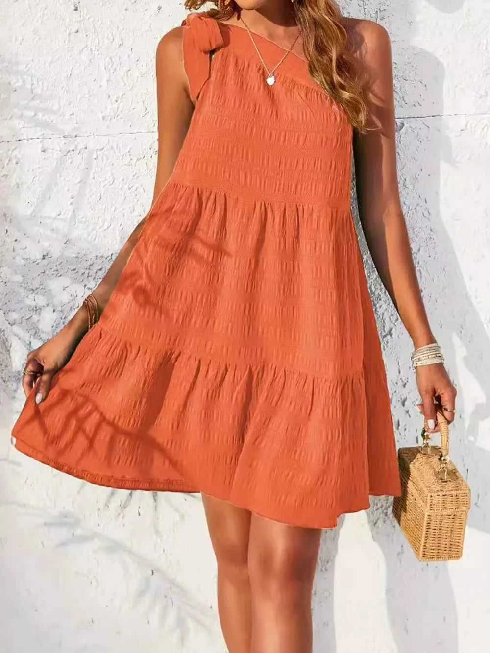 Textured Tied Single Shoulder Mini Dress Orange 4778bbd7-6560-413b-8ee5-ea19397dcf00-Max