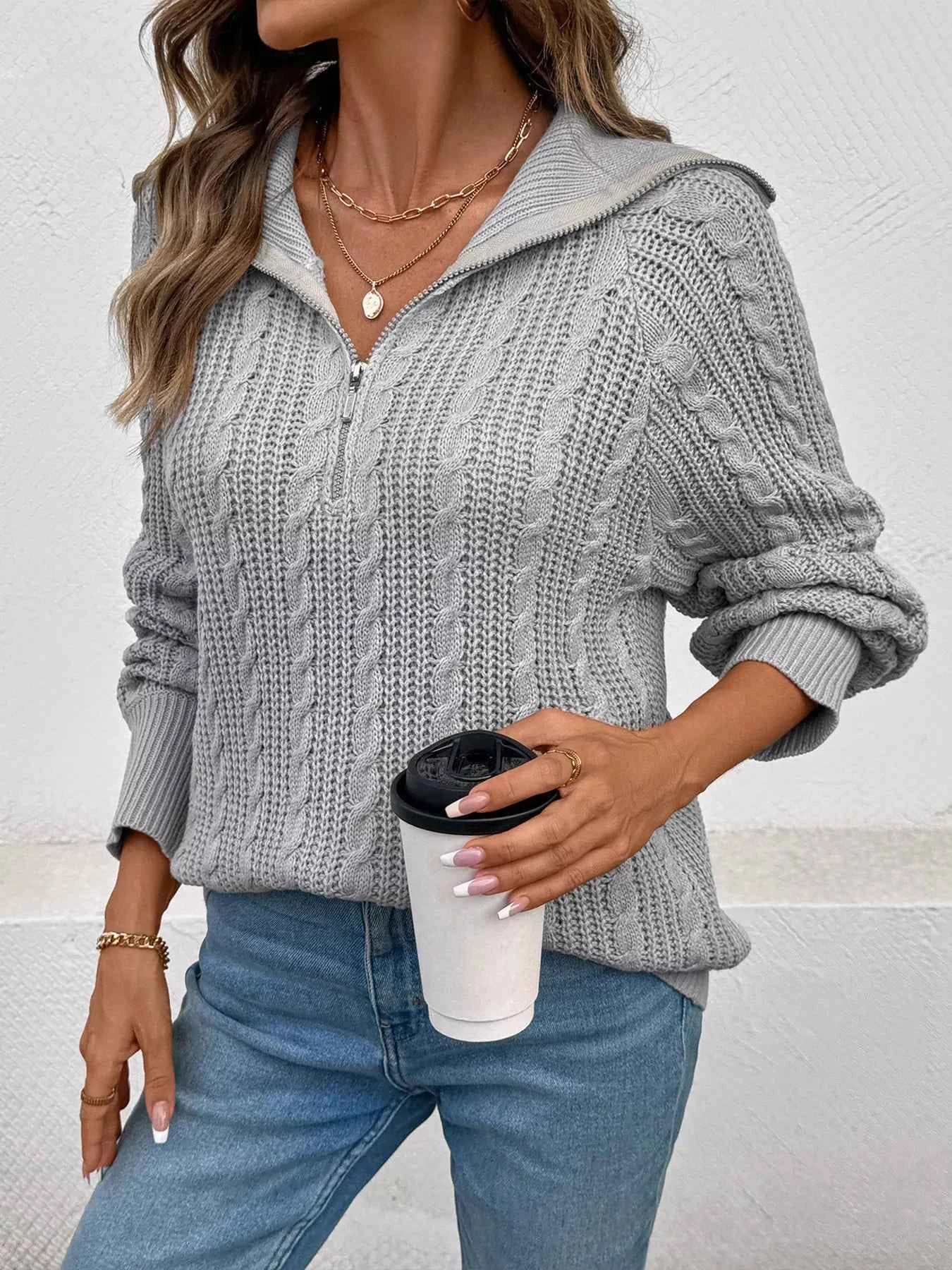 Cable Knit Half Zip Sweater 478110d1706e49f79d5483def074338e-Max-Origin