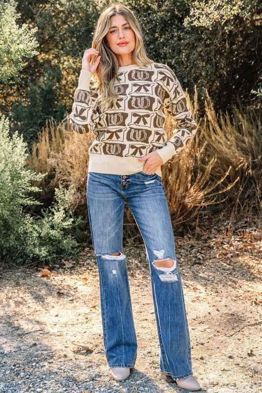Western Bows & Horseshoes Long Sleeve Sweater 478a72f8-6fc2-416c-8c97-3af364f286ab
