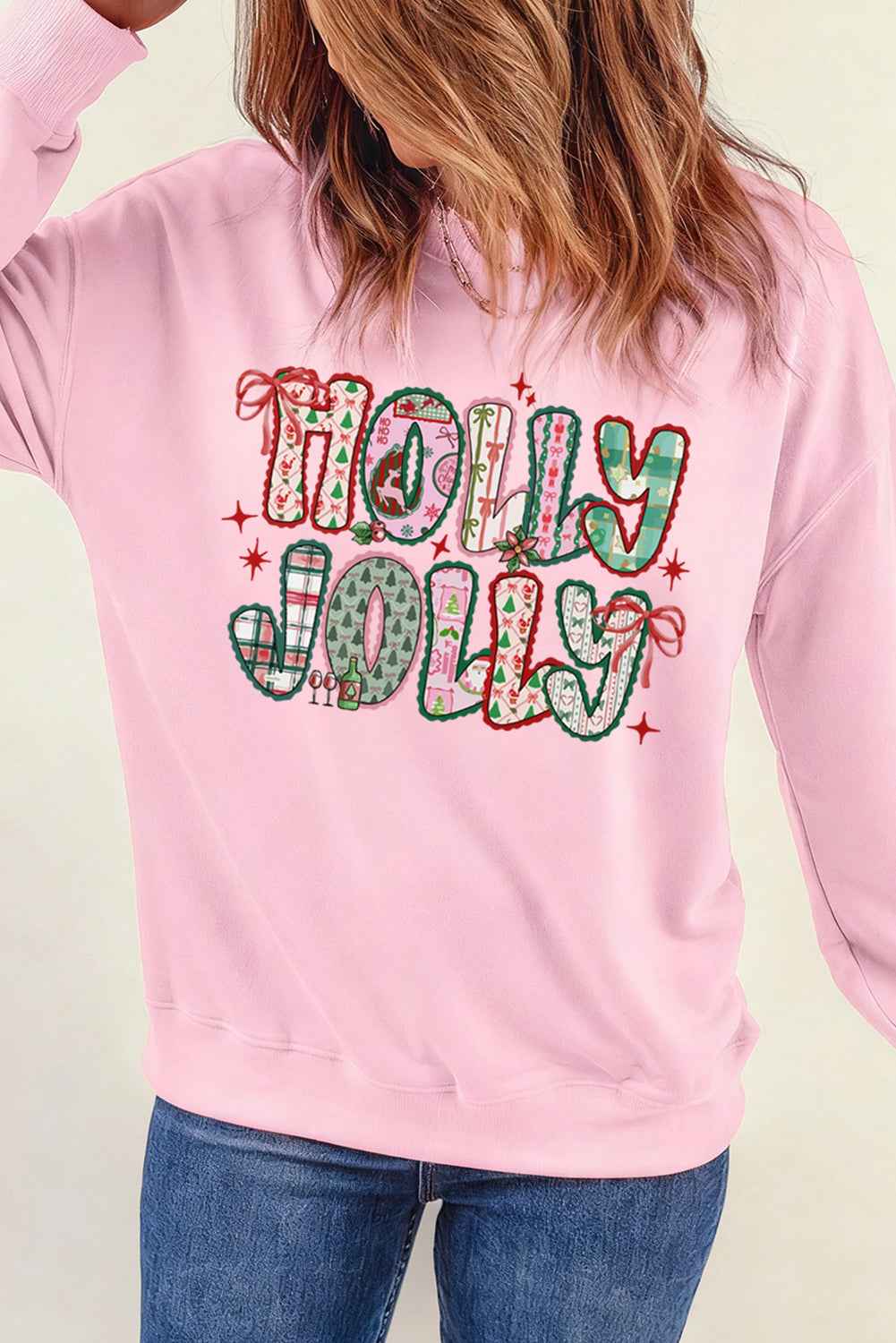 Pink HOLLY JOLLY Graphic Heat Transfer Printing Christmas Sweatshirt 47f043b0c6cf1363