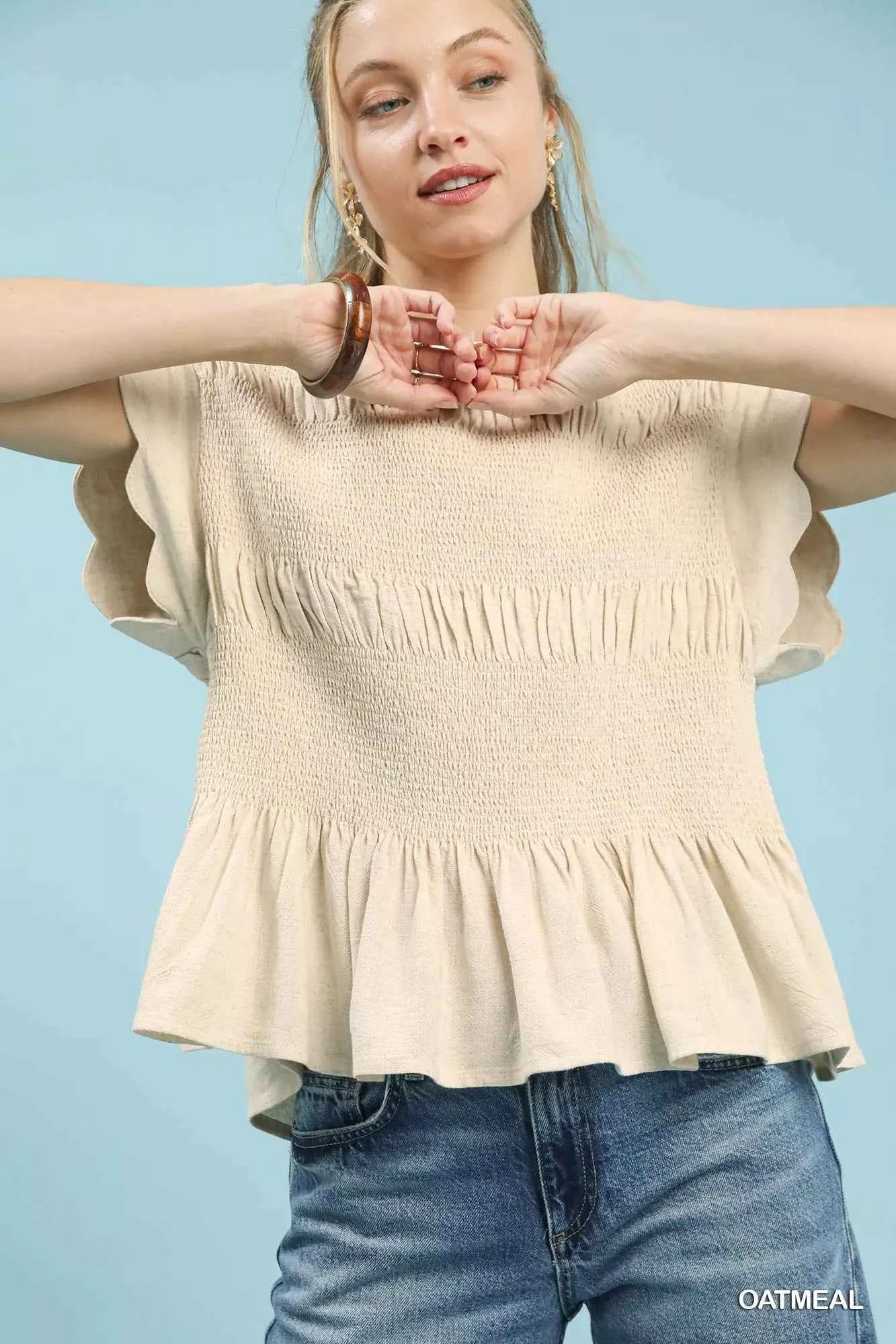 Umgee Linen Blend Smocked Peplum Blouse OATMEAL 4822990f-1e40-4572-b47e-7ef170a25dd7-Max-Origin
