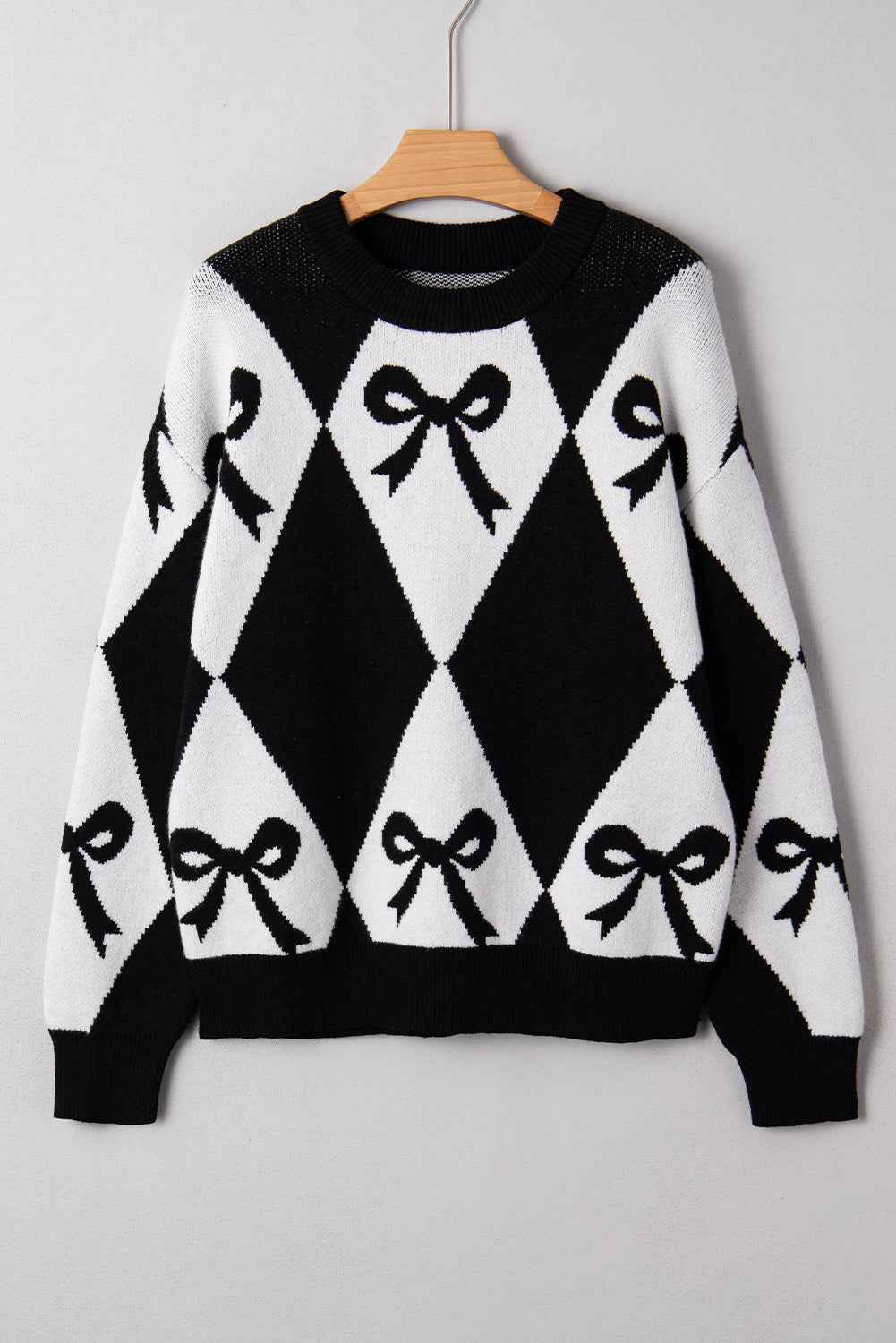 Black Bow Pattern 2-tone Rhombus Knit Loose Sweater 482728d933a2e2ee