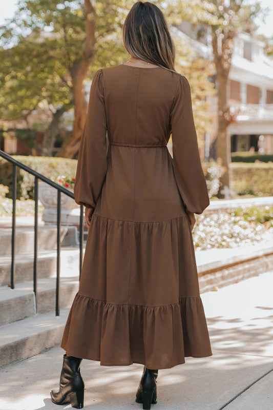 Solid Buttoned V-Neck Long Sleeve Tiered Maxi Dres 482c738b-420a-4438-860a-4bbd6616ec0b