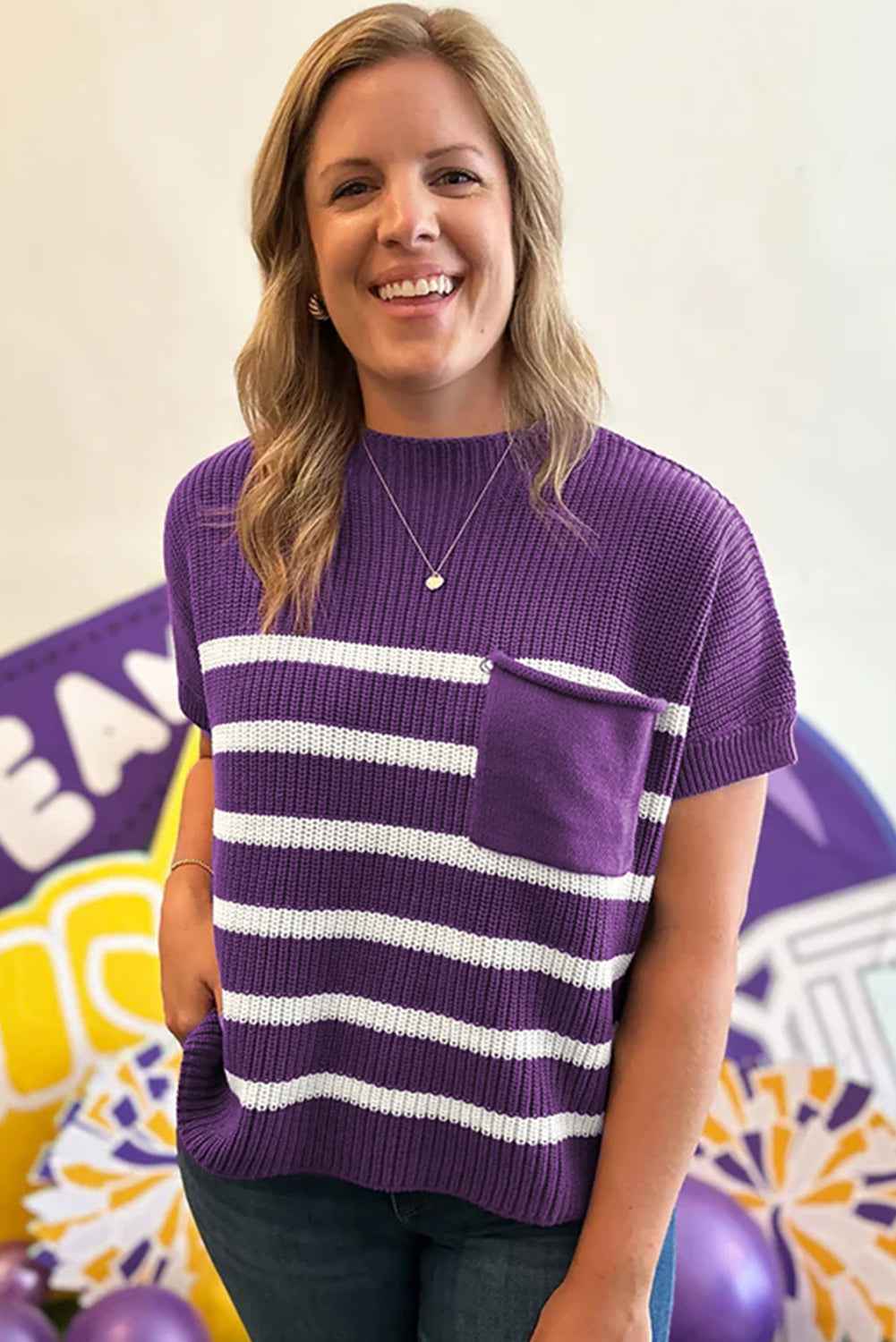Purple Stripe Raw Edge Patched Pocket Short Sleeve Knit Sweater 4832dab7515d6b95