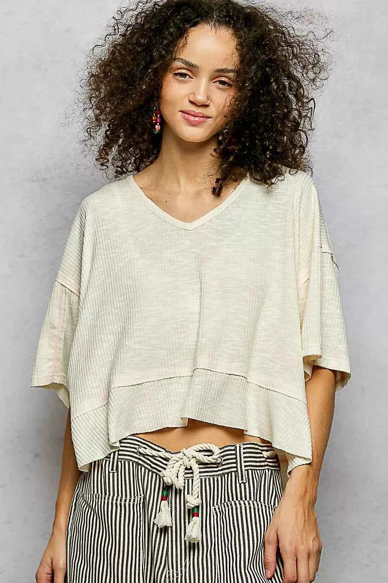 POL Short Sleeve Ccopped Rib T-Shirt with Contrast Stitch Detail