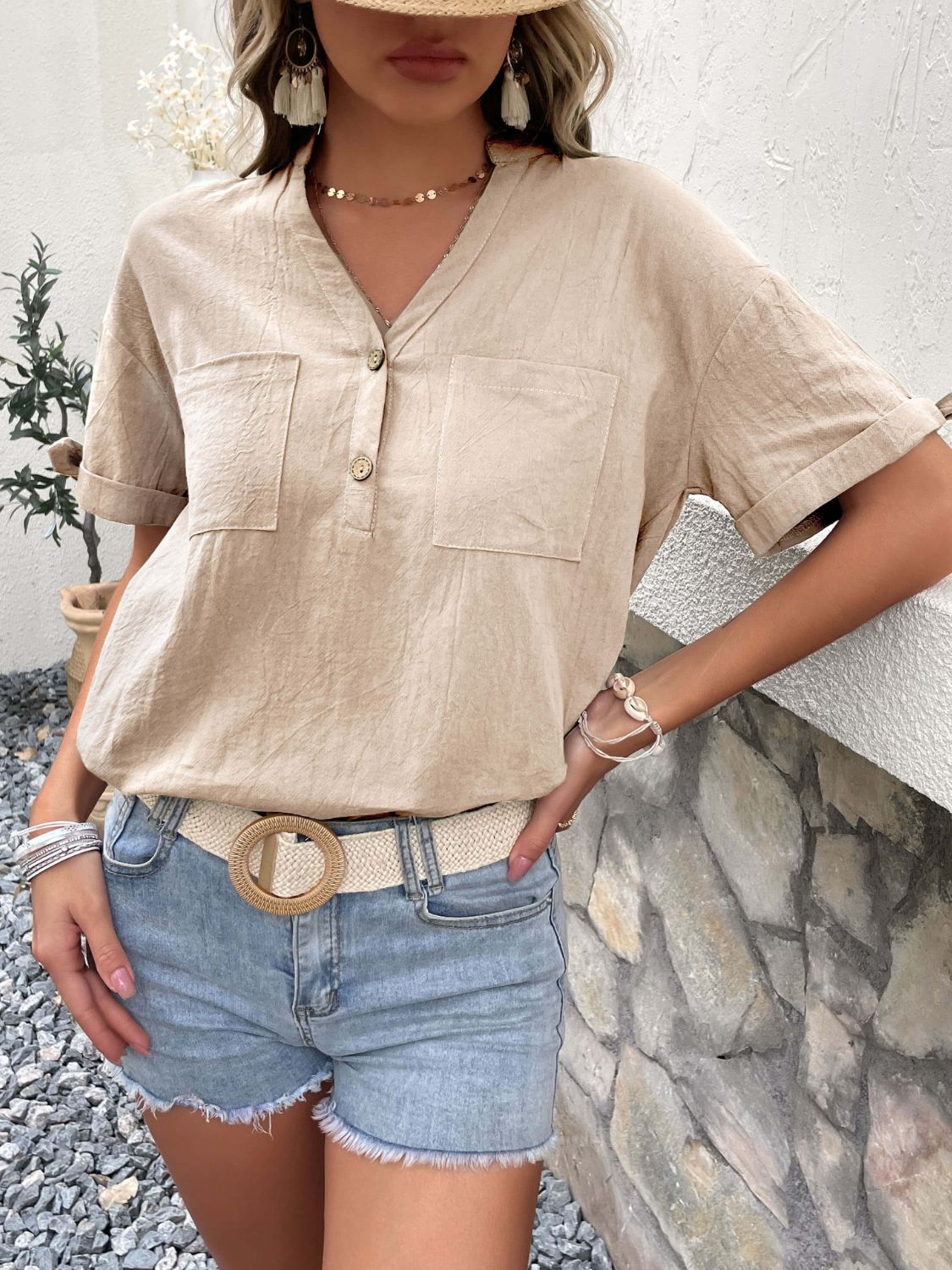 Perfee Buttoned Notched Neck Cuffed Sleeve Blouse Beige 497b3e6235e145f49b7f1287496d7623-Max