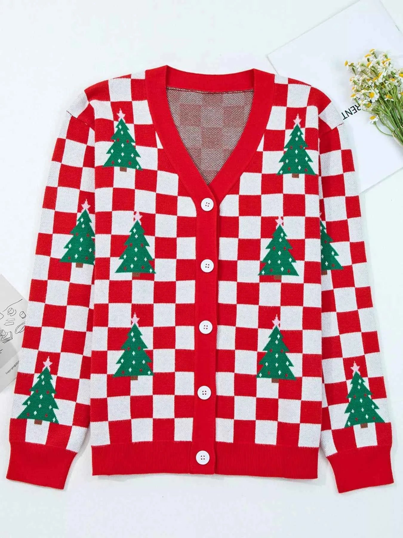 Christmas Tree Pattern Checkered Button V Neck Cardigan 49a58b89-7c7f-4045-b936-0f3cf7e78dbc-Max-Origin