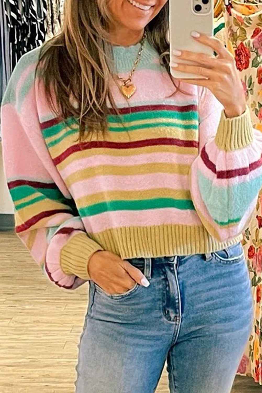 Multicolour Striped Knit Ribbed Trim Boxy Fit Cropped Sweater Multicolour 52%Viscose+26%Polyester+22%Polyamide 49c4af31c361d319