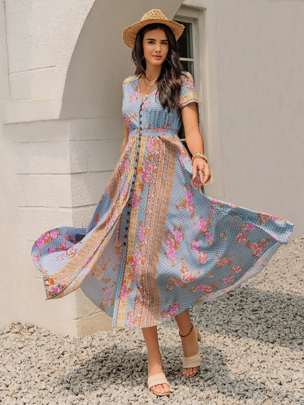 Smocked Floral V-Neck Short Sleeve Midi Dress 49c8901c-daaf-43c5-a772-4fa163374543-Max
