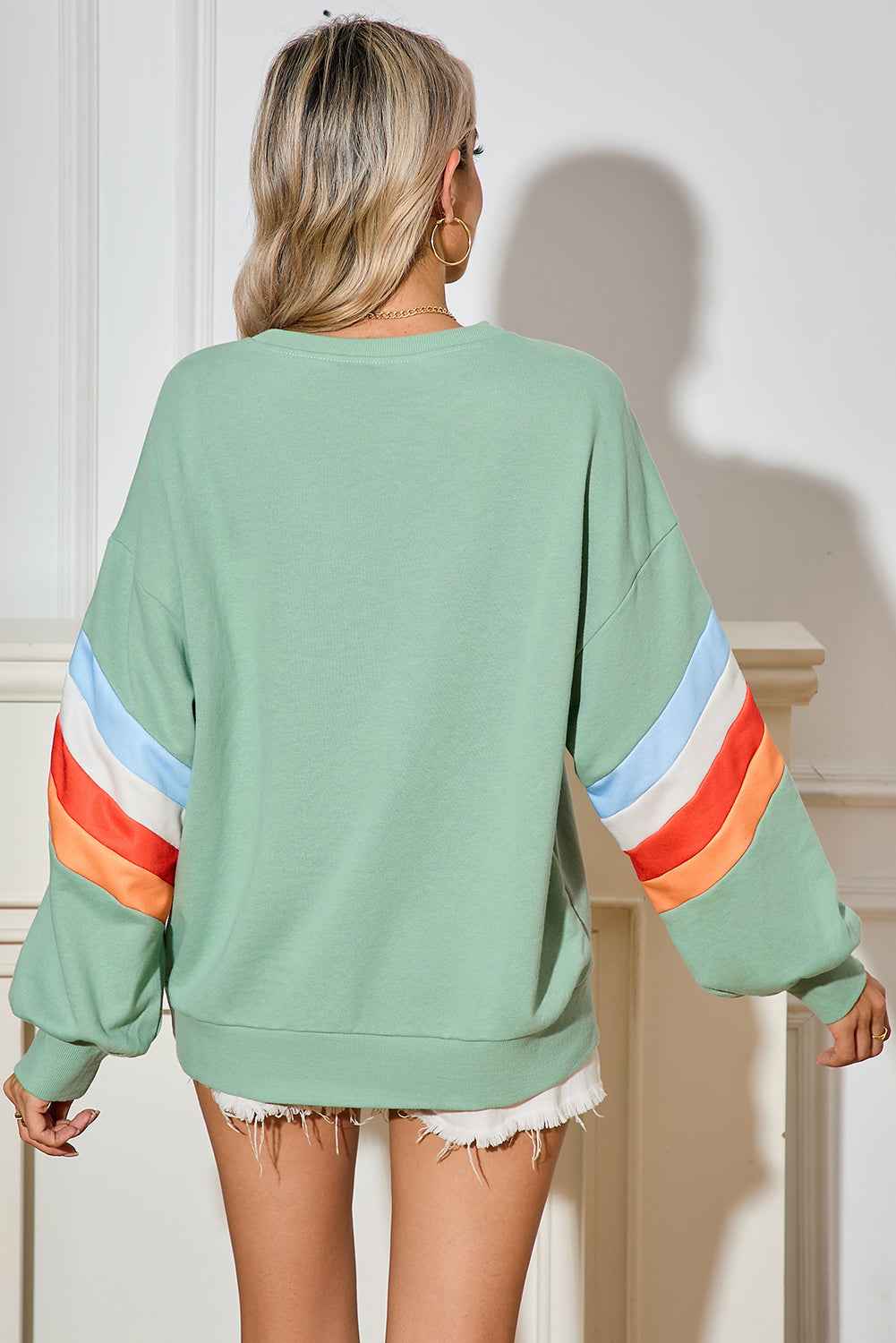 Moonlight Jade Patchwork Drop Sleeve Loose Sweatshirt 49d435230f931388