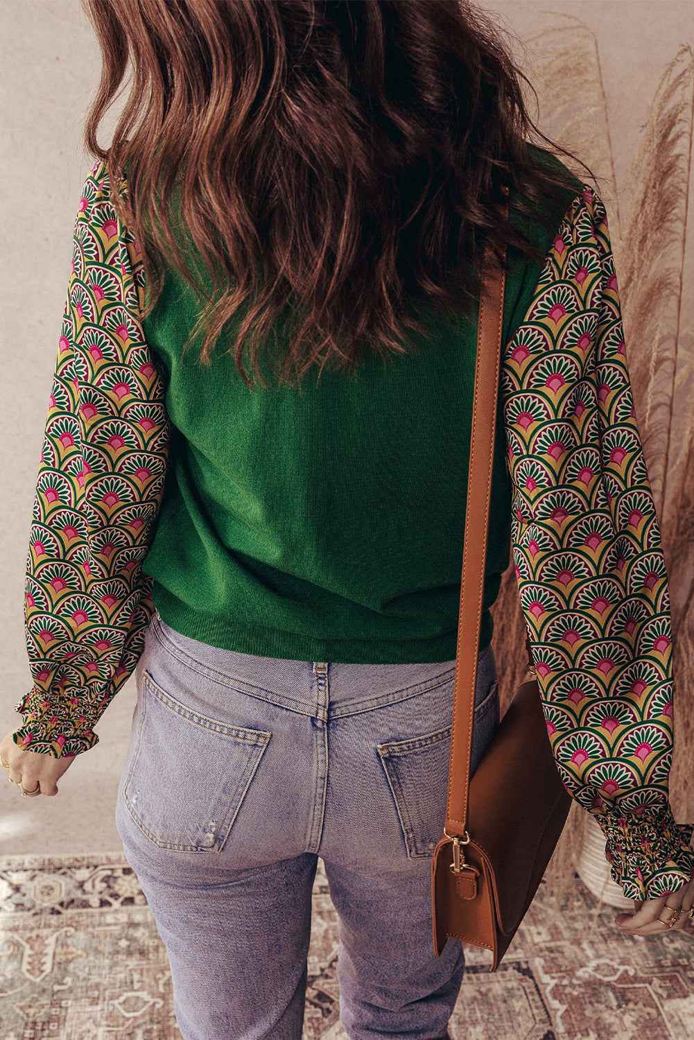 Blackish Green Floral Patchwork Shirred Cuff Puff Sleeve Sweater 49e6a0c98fdaa3c0