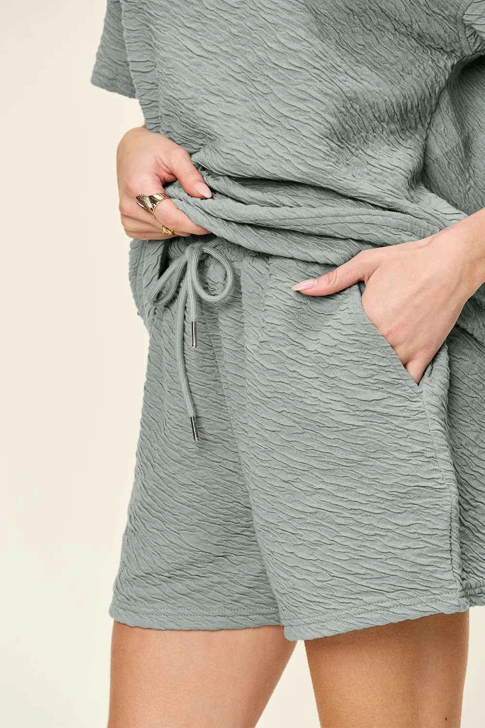 Double Take Full Size Texture Short Sleeve T-Shirt and Drawstring Shorts Set 49f9e323-ad35-462a-bd83-9e2487a4bc62-Max