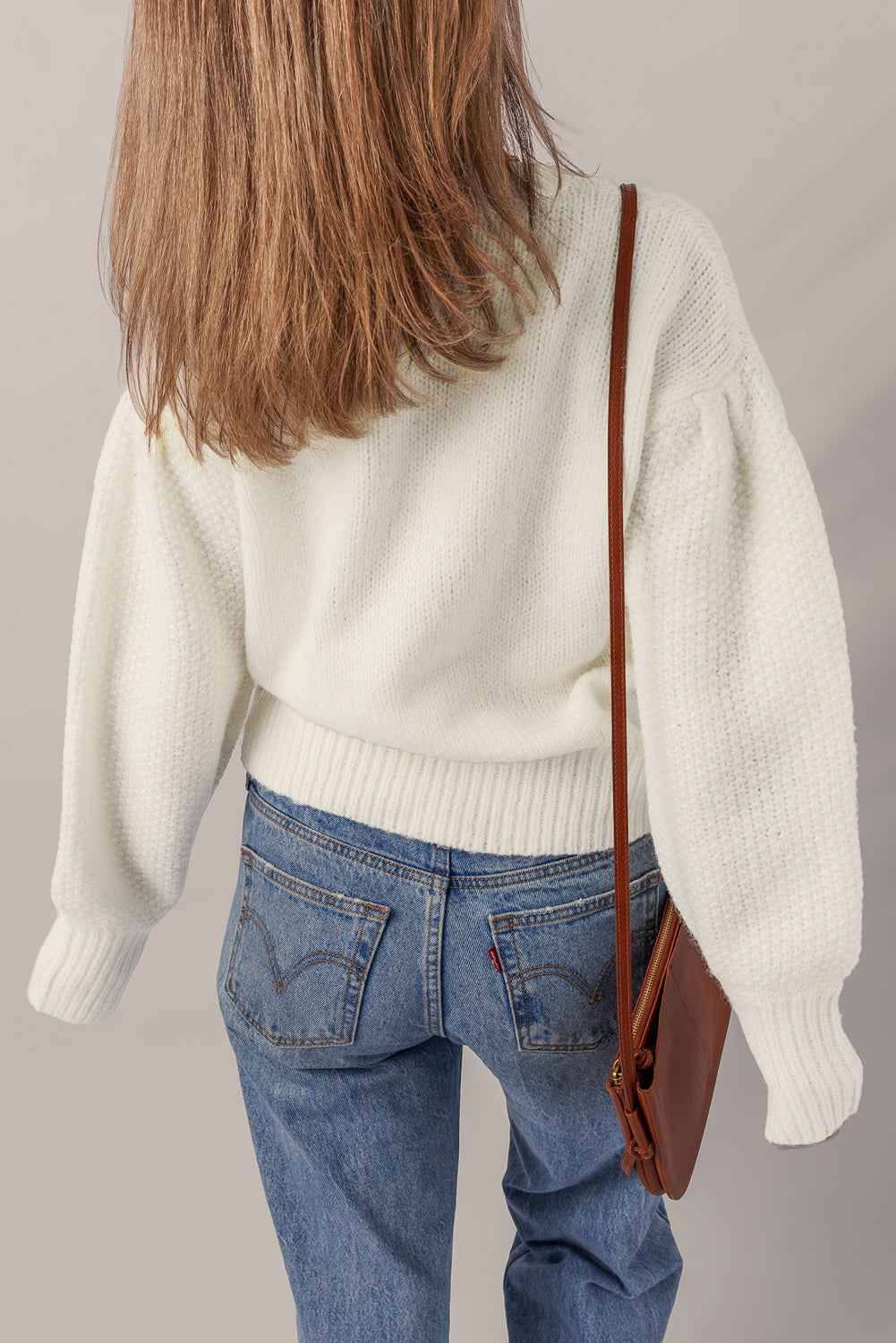 White Flower Detail Round Neck Contrast Textured Puff Sleeve Sweater 4ab234bbb1703356