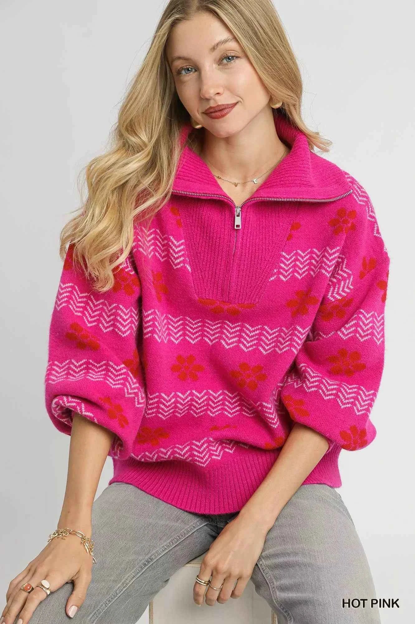 Umgee Floral Patterned Jacquard Quarter-Zip Pullover Sweater 4ab85838-ecaa-437d-a8a5-b18ee6685606-Max-Origin