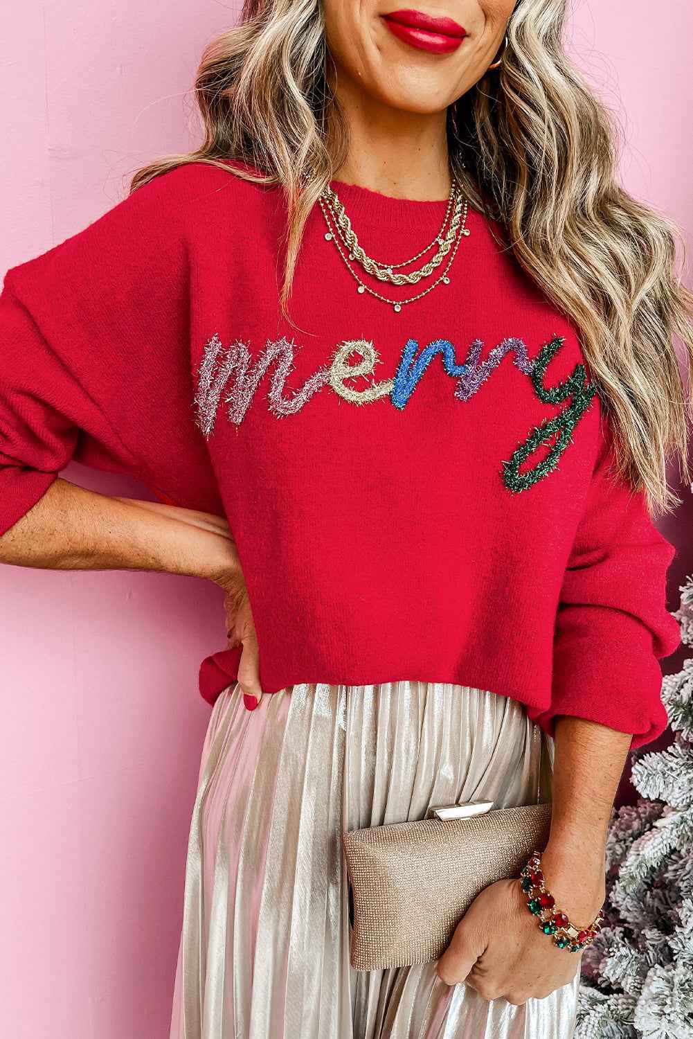 Fiery Red Tinsel Merry Letter Drop Shoulder Baggy Sweater Fiery Red 52%Viscose+26%Polyester+22%Polyamide 4ada262828269271