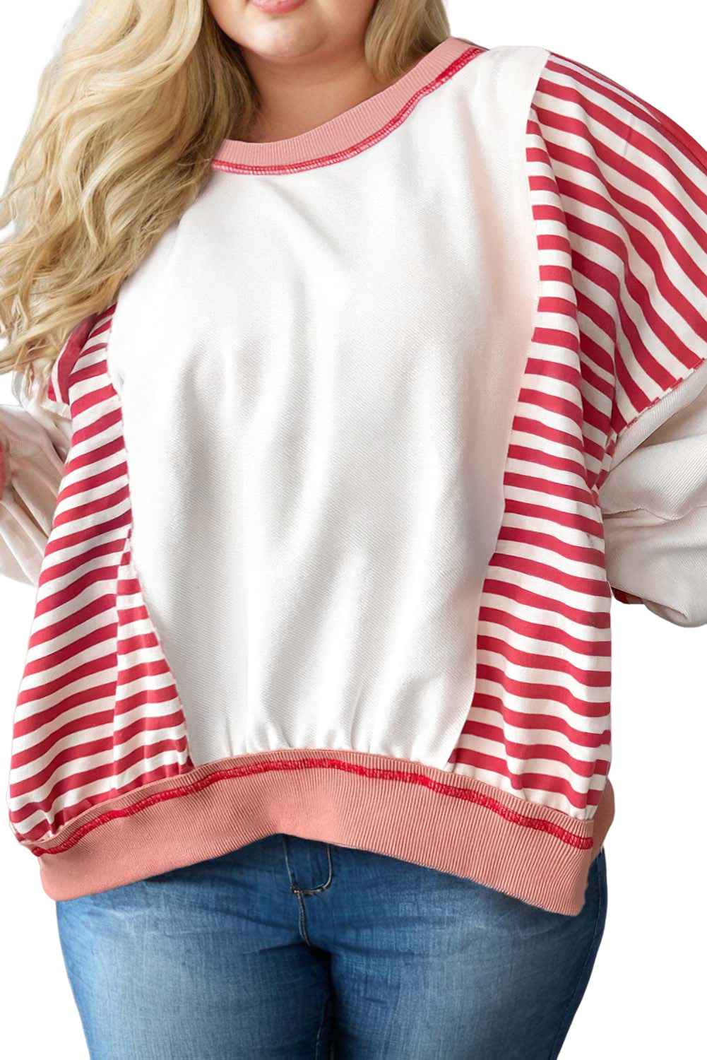 Red Stripe Colorblock Patchwork Stitching Detail Plus Size Sweatshirt 4af0e6b878a40f70