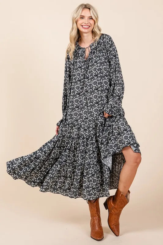 Mittoshop Printed Tie Neck Flounce Sleeve Midi Dress 4b5af855-c1f9-468a-a85b-27a7a9fe7ea6-Max