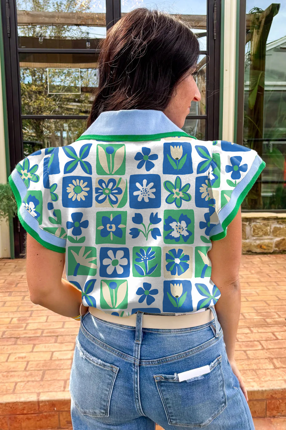 Green Floral Plaid Colorblock Flutter Sleeve Blouse 4b773eedb8e4e06b